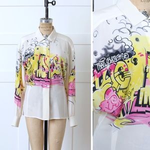 Designer Vintage 1990s 1991 ESCADA Silk Neon Graffiti Print Blouse size Medium
